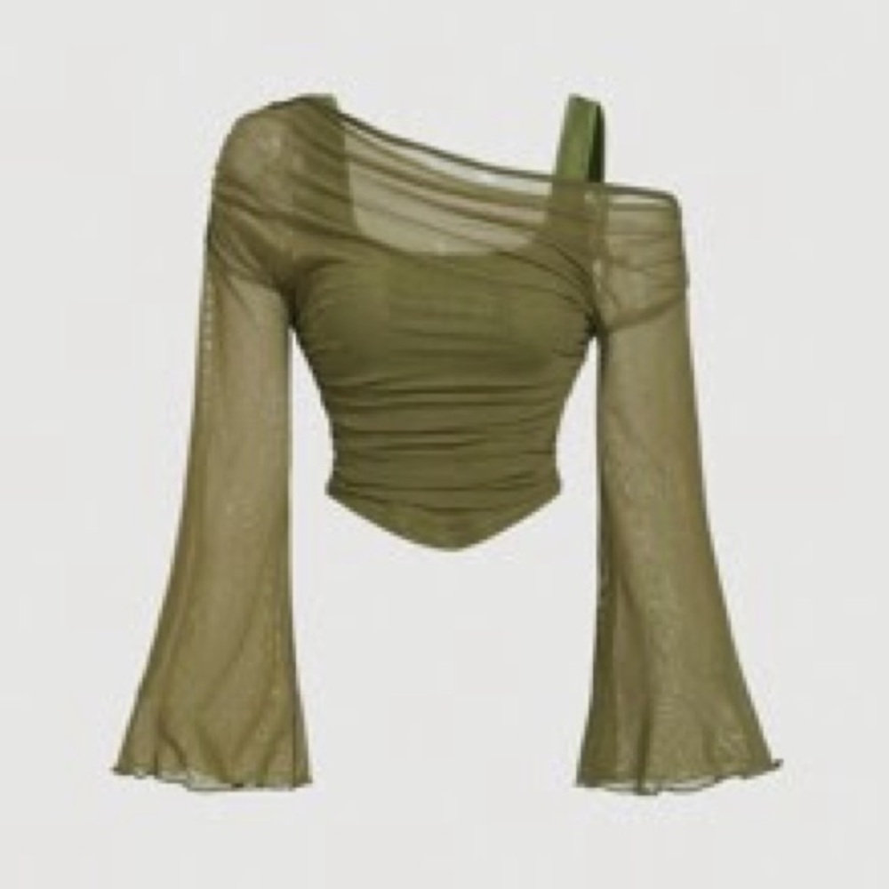 SHEIN Off-Shoulder Mesh 2-in-1 Trumpet Sleeve Top